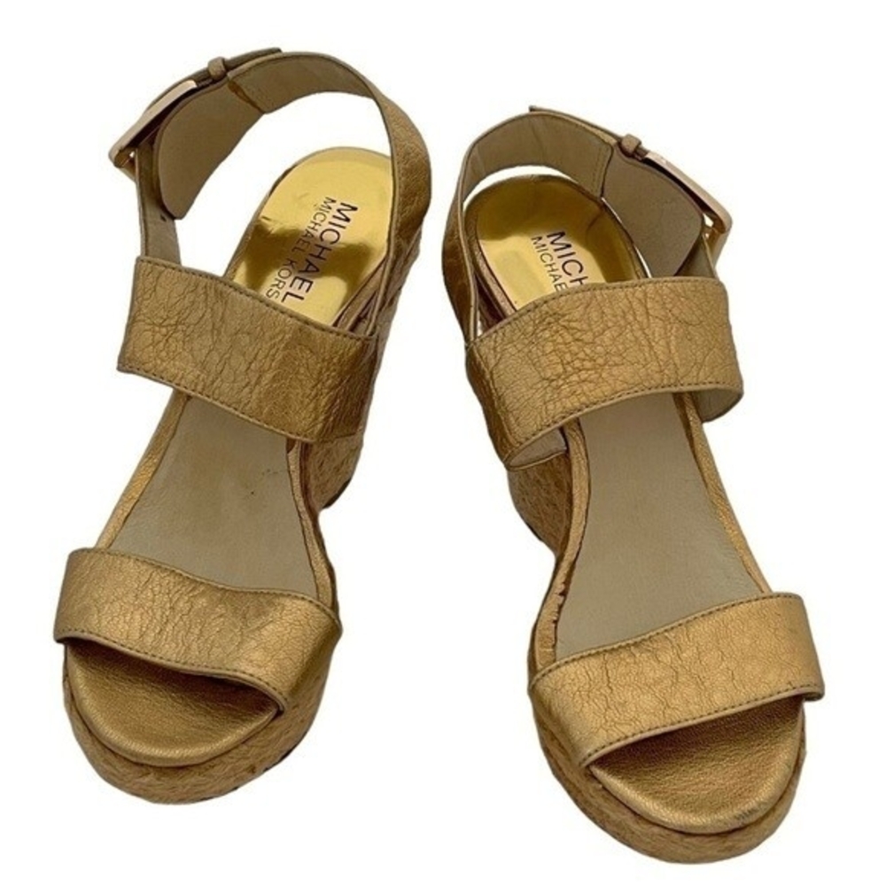 MICHAEL KORS Posey Gold Leather Espadrille Wedge Sandals Women 5.5 5" Heel G+ - Picture 9 of 12